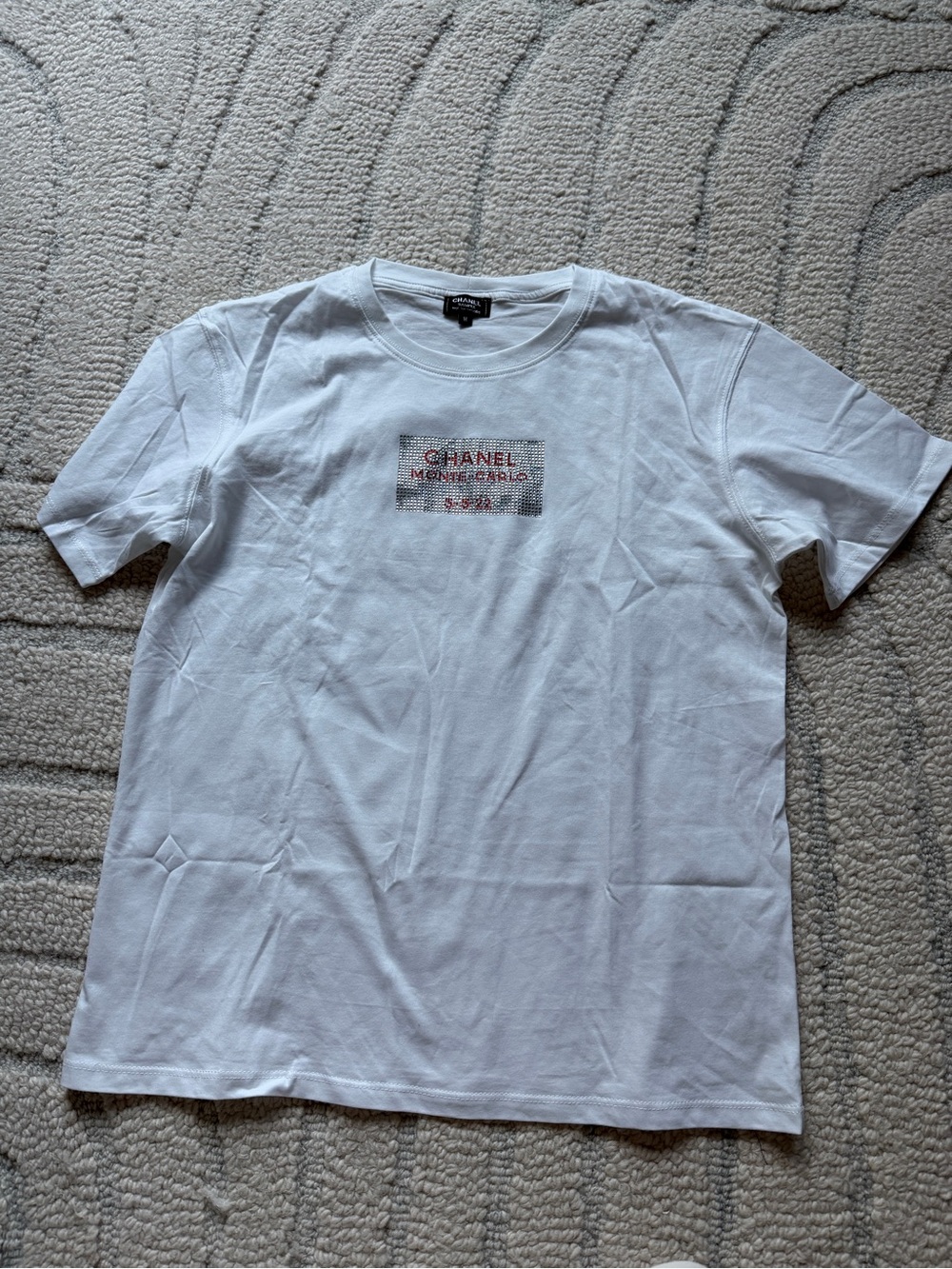 CHANEL White Short-Sleeve Tee with Red Logo Patch